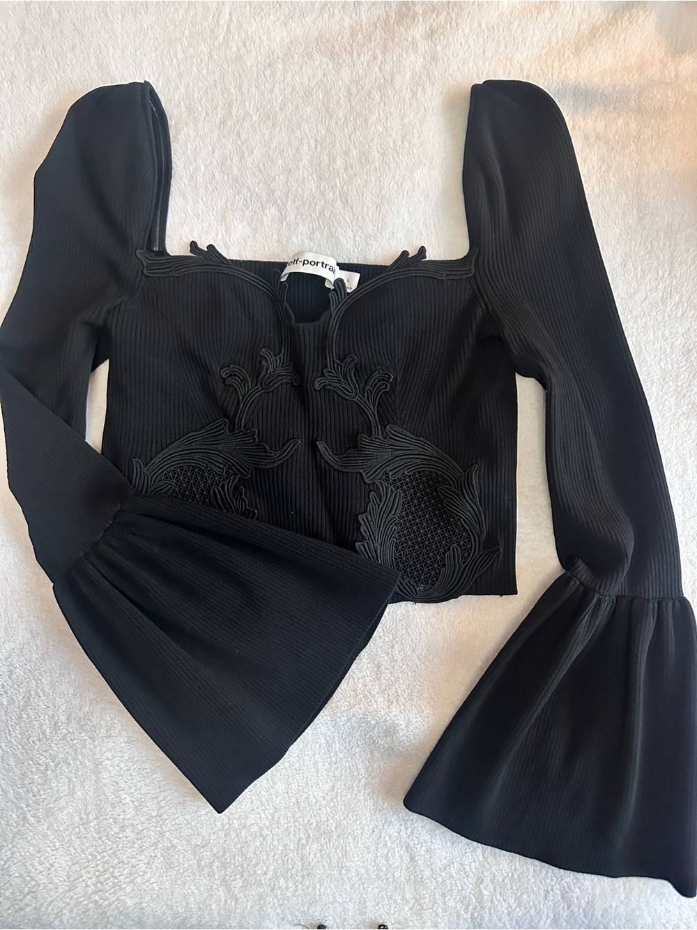 Self-Portrait Black Ribbed Knit Appliqué Bell Sleeve Top
